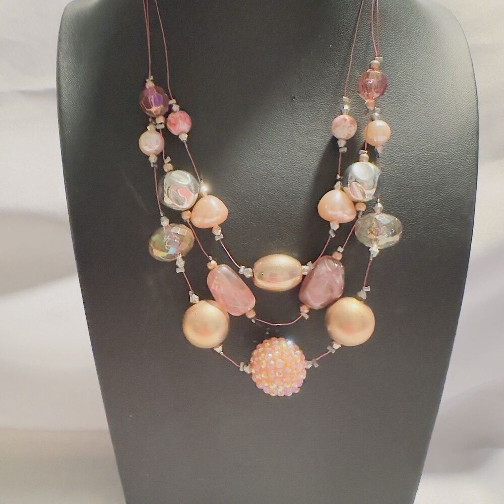 Chunky Statement Necklace 3 Strand Pink Wire Beads Faceted Clear Pink & Silvers